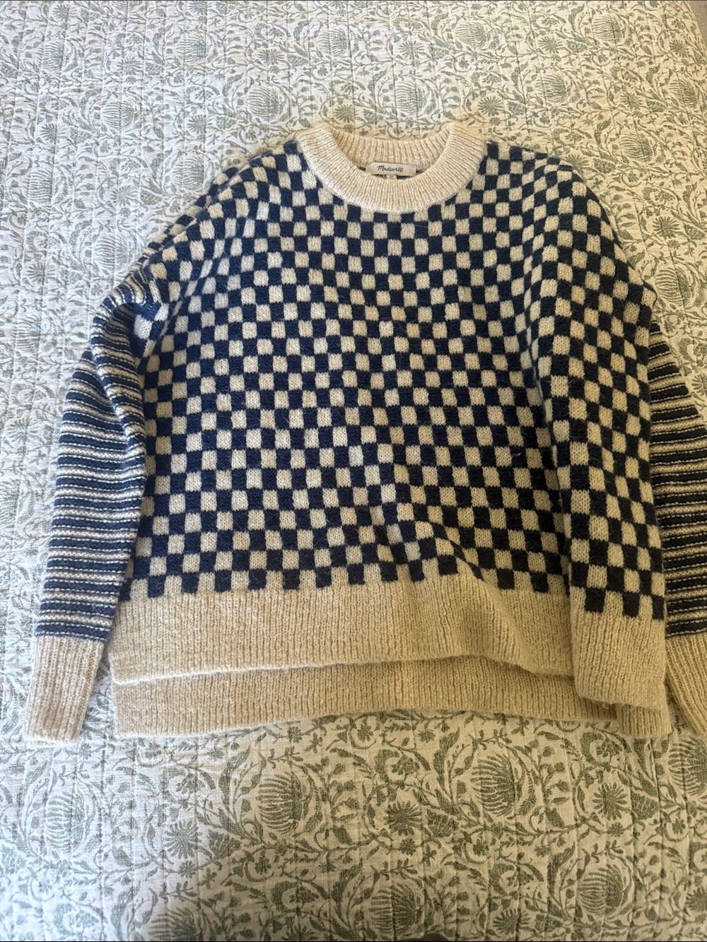 Madewell Checkerboard Crewneck Sweater in Navy and Cream